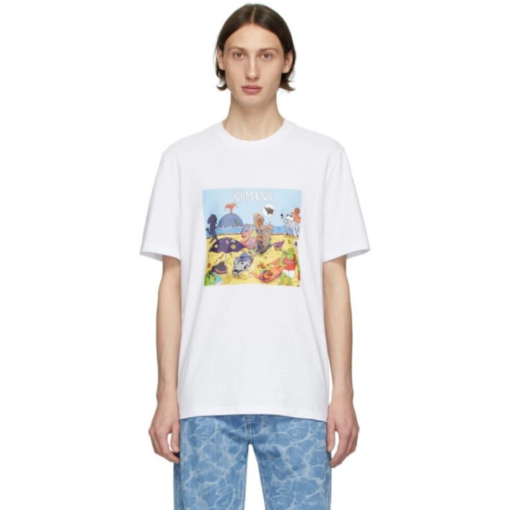 MSGM Mens White Beach Print Cotton Short Sleeve Tshirt Top Size XS NWT